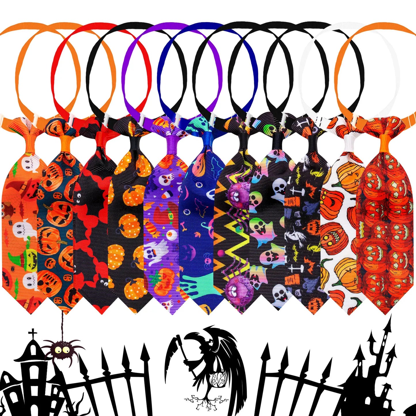 10PCS Adjustable Pet Bowties For Dogs and Cats Halloween Pumpkin Print